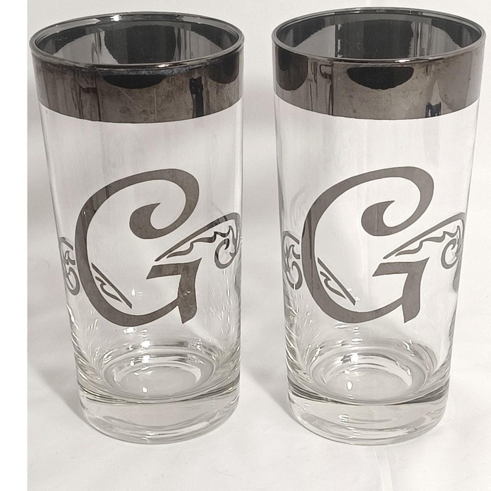 Set of 2 Vtg MCM Dorothy Thorpe High Ball Glasses G Monogram Initial Silver Band